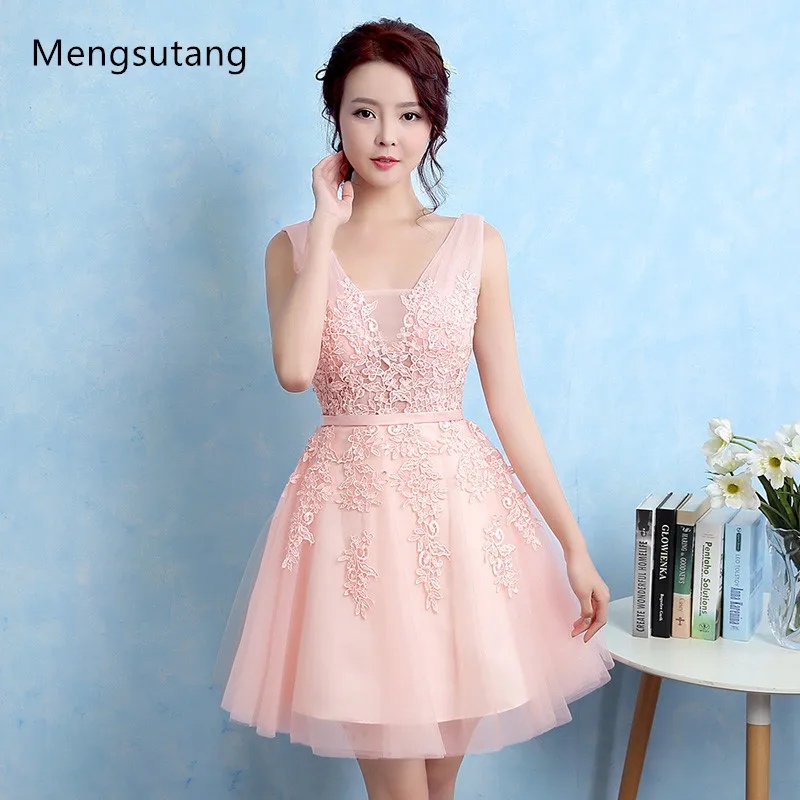 

Robe De Soiree 2019 New short lace sleeveless V-Neck pink Bridesmaid Dress ever pretty Plus Size ombre dress Party Prom Dress