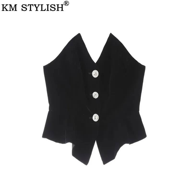 

2019 Early Autumn New Black V-neck Velvet Tube Top Camis Tank Backless Diamond Buckle Short Ruffled Top