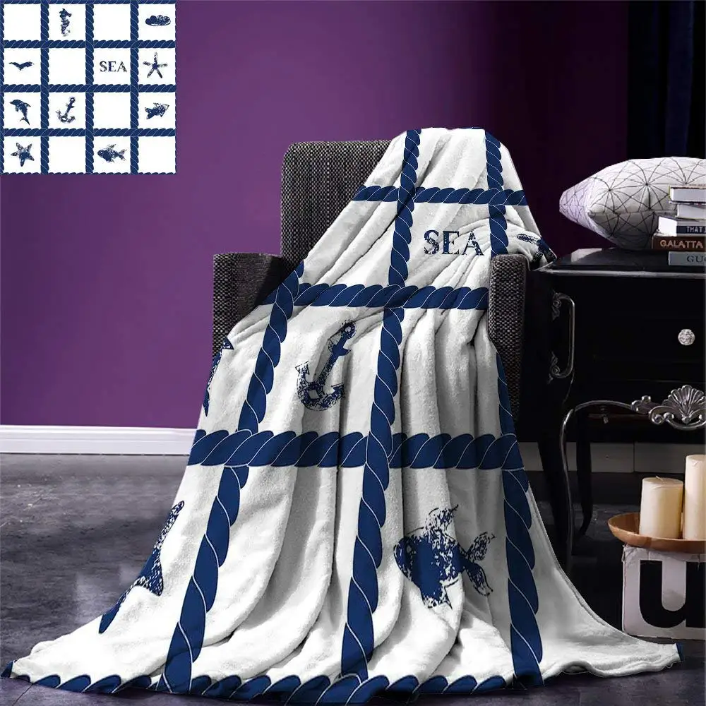 Navy Blue Throw Blanket Navy Yacht Vessel Rope used as Frame with Starfish Fish and Anchor Image
