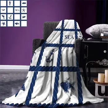 

Navy Blue Throw Blanket Navy Yacht Vessel Rope used as Frame with Starfish Fish and Anchor Image Warm Blankets for Beds