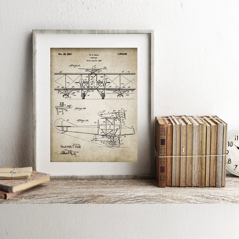 Биплан самолет патент винтажные чертежи плакаты печать биплан самолет дизайн холст живопись авиация дома стены Искусство Декор