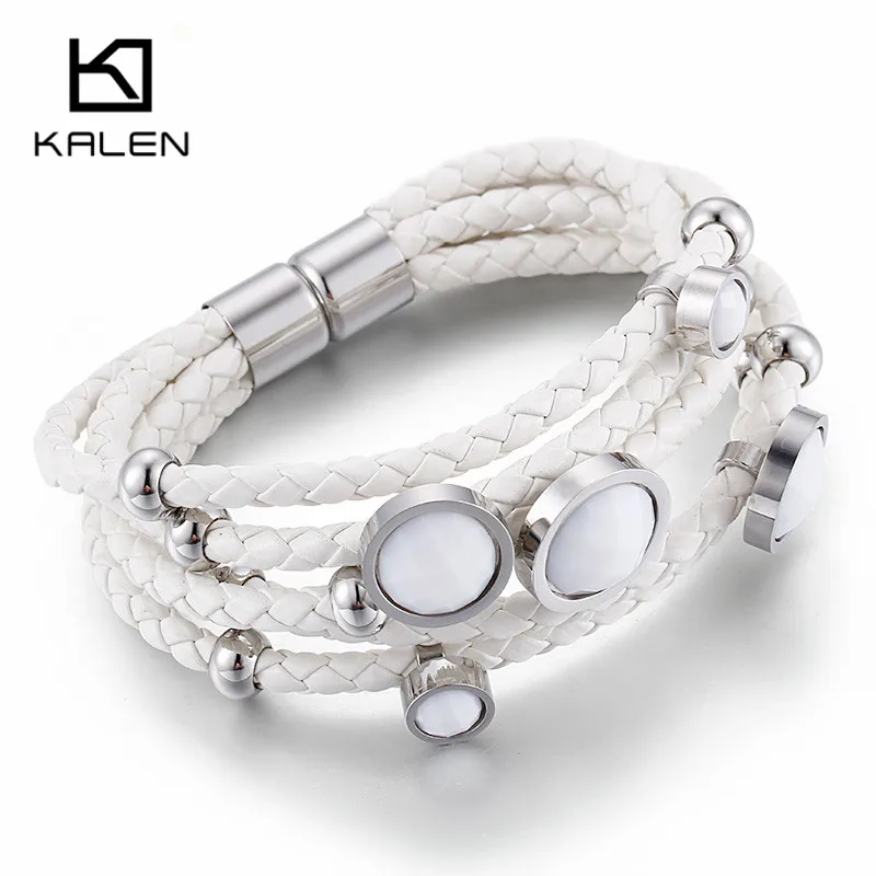 

Kalen Jewelry Fashion Multi-layer White PU Leather Round Charm Bangle Bracelet Stainless Steel Magnetic Bracelet For Women Gifts