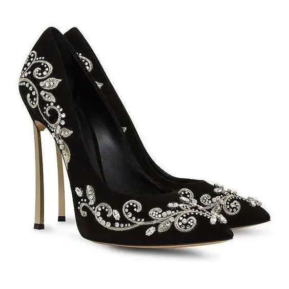 Sexy high heel stilettos super high thin heels pointed toe slip-on crystal decoration women flock shoes with embroidery black