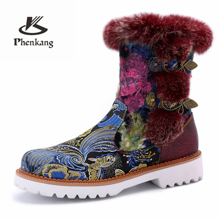 

Women winter snow Boots Genuine cow Leather Ankle Comfortable quality soft Shoes Brand Designer Handmade red blue 2019 with fur