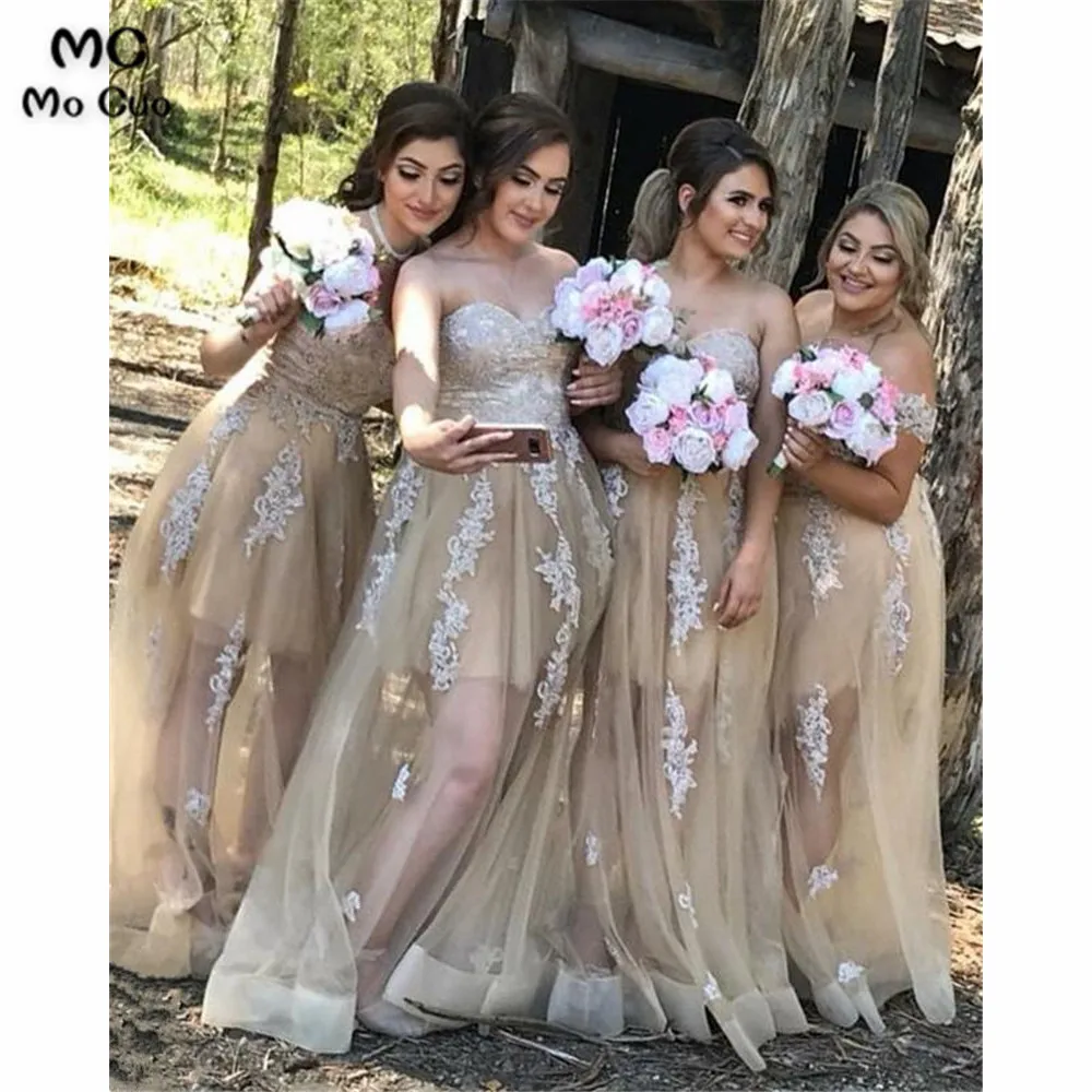 Champagne Lace Appliques Sweetheart Tulle Floor Length Bridesmaid Dresses (2)