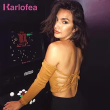 Karlofea, короткая футболка, длинный рукав, трикотажный топ, сексуальные, Клубные, вечерние, Короткие футболки, модная, открытая спина, шнуровка, одноцветная, осень, новинка, футболка