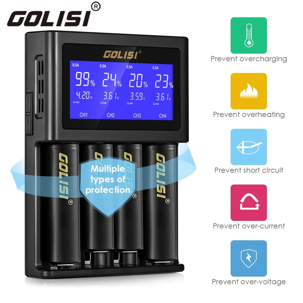 GOLISI S4 2.0A Intelligent LCD 18650 Battery Charger for Li-ion Ni-MH Ni-Cd Ni-md 26650 20700 AA AAA Rechargeable Batteries GOLISI S4 2.0A Intelligent LCD 18650 Battery Charger for Li-ion Ni-MH Ni-Cd Ni-md 26650 20700 AA AAA Rechargeable Batteries