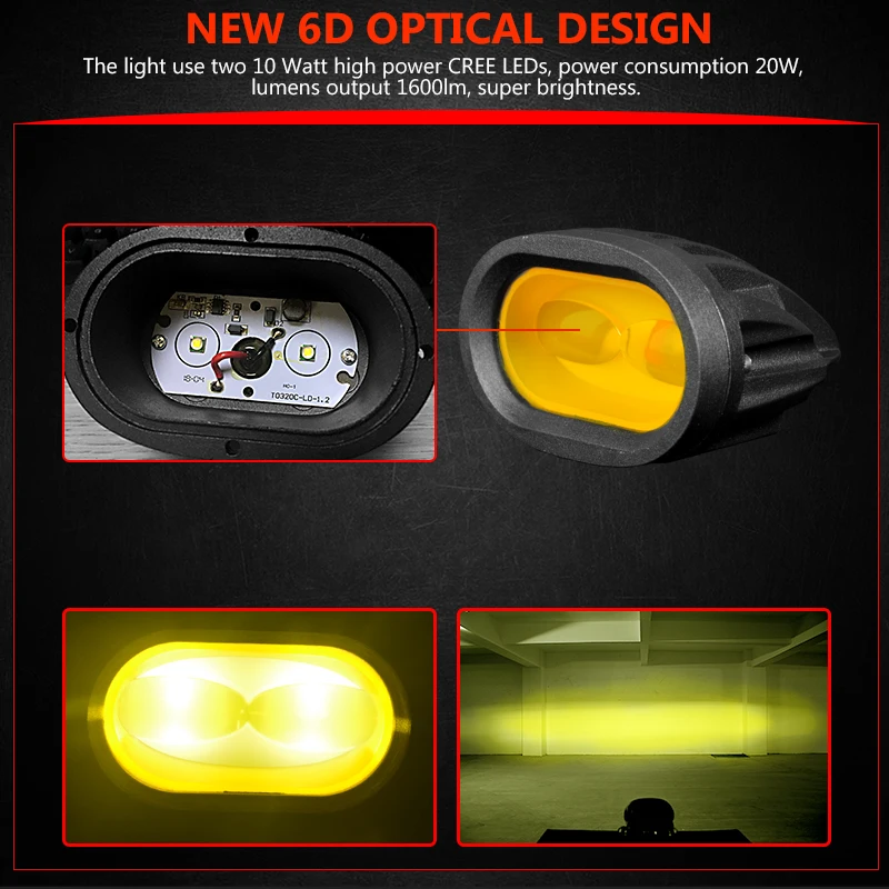 6D New 20W DC 12V 24V Car LED WorkLight Lamp Headlight Bar Offroad Boat Motorcycle SUV Night Driving Lighting Headlamp Fog Lens