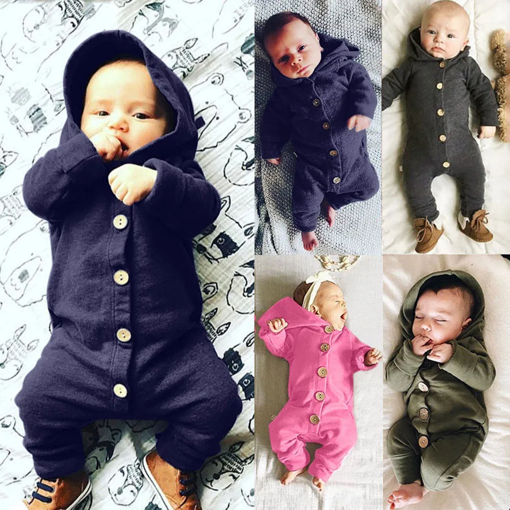 

Newborn Baby Kids Solid Cotton Rompers Boy Girl Winter Hooded Romper Kids Unisex Long Sleeves Single Breasted Jumpsuit Outfits