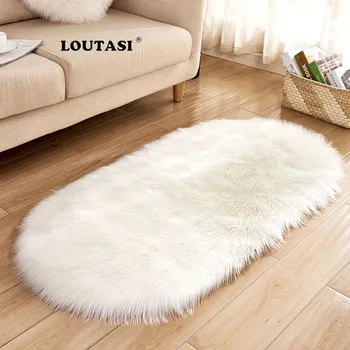 

LOUTASI Luxury Oval Soft Sheepskin Fluffy Area Rug Faux White Fur Carpet Shaggy Long Hair Solid Mat for Living room Home Decor
