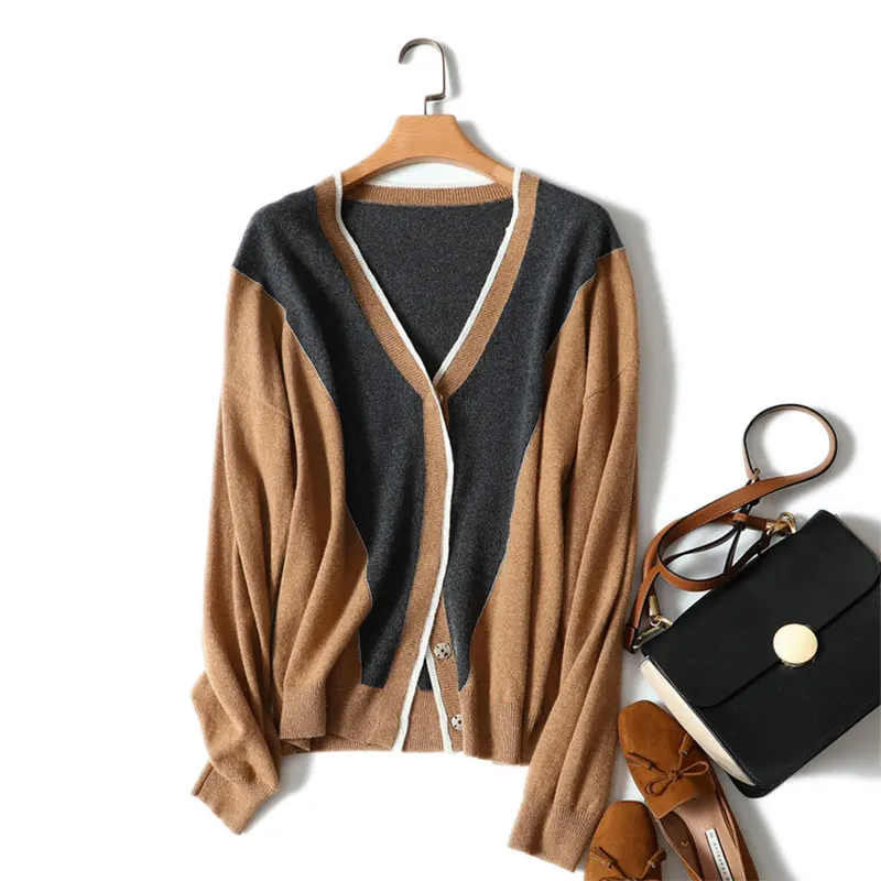 

Elegant Autumn Winter Sweater Women Cardigan Patchwork Knitted Warm 100% Cashmere Sweater Coat Casual Ladies Button Cardigans