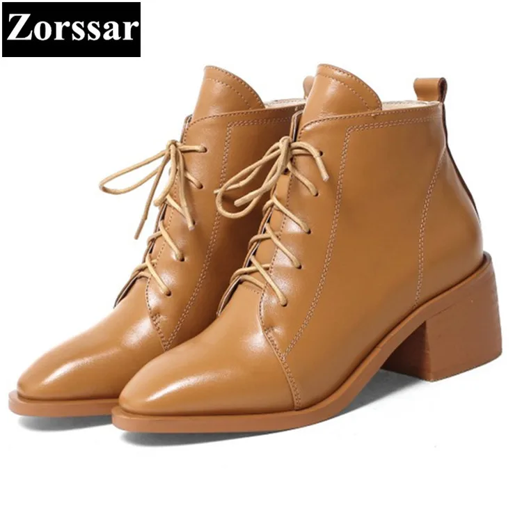 

{Zorssar} NEW fashion High heels Women Boots pointed Toe lace-up thick heel ankle Motorcycle boots autumn winter female shoes