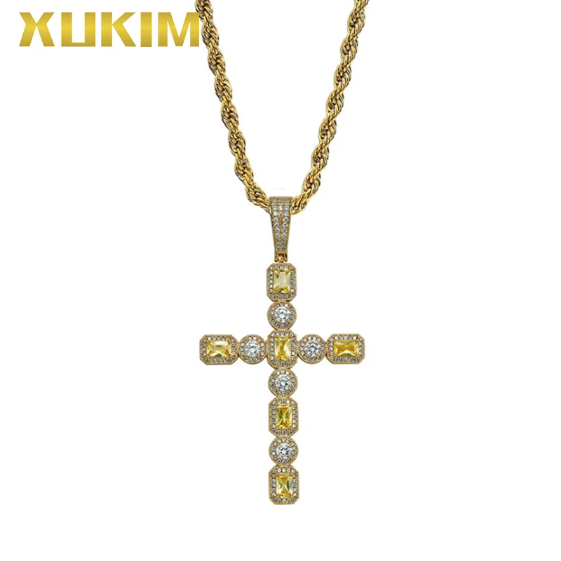 

PH047-G Xukim Jewelry Hip Hop Iced Out Cross White Yellow Stone Silver Gold Pendant Necklace