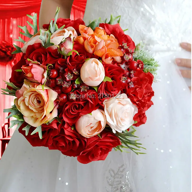 2019 Новое поступление красивые ручной работы Декоративные искусственные розы красные цветы Свадебные букеты цветы и зеленые листья