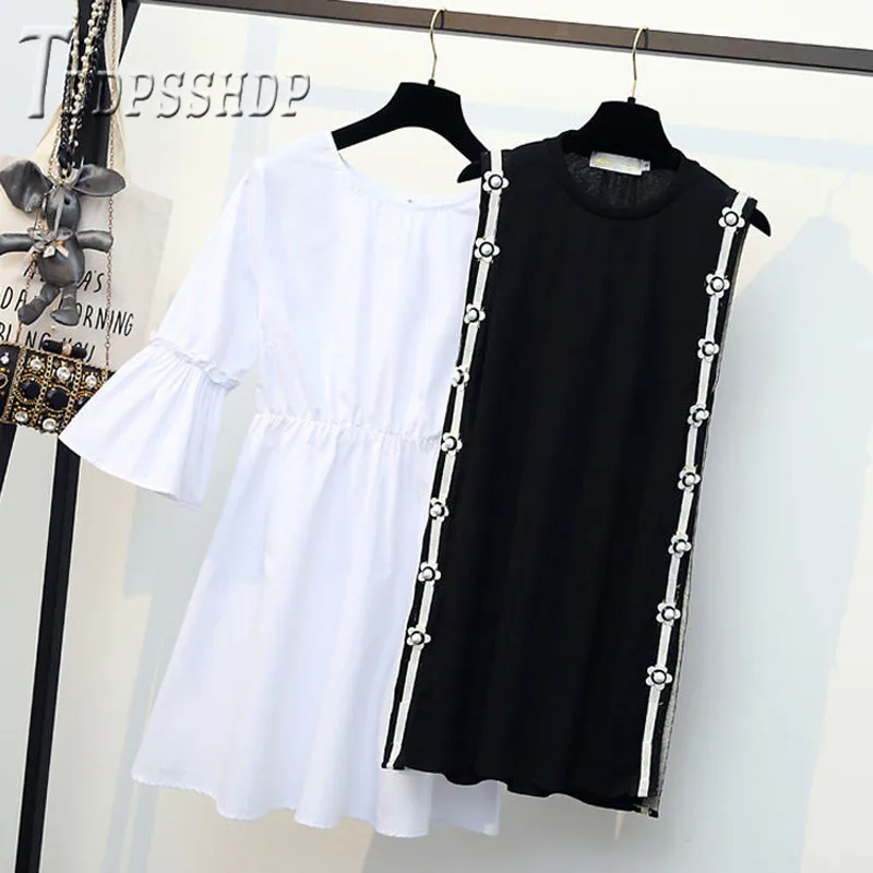 Размера плюс весеннее женское платье из двух частей тонкое черно-белое женское платье