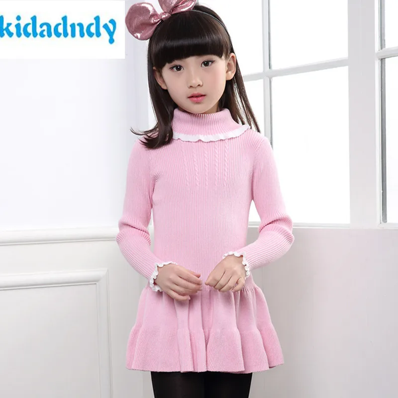 

KiDaDndy Children Sweater Knit Dress Winter Children Clothing Girls Sweater Knitted Pullovers Autumn Girls Lace