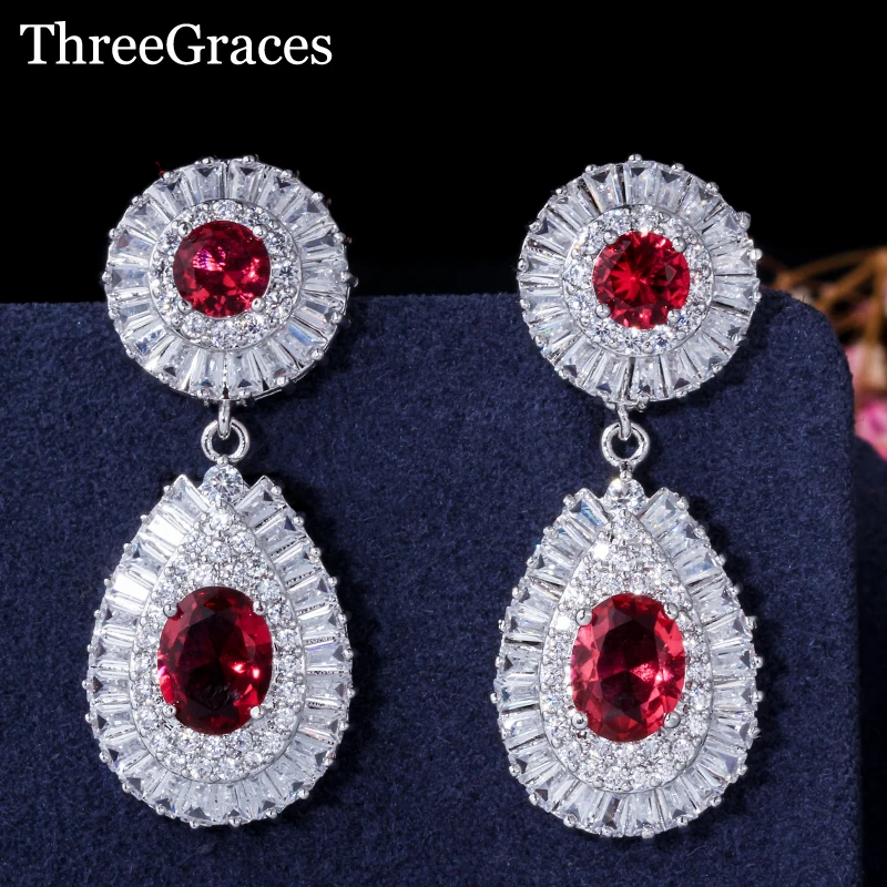 

ThreeGraces Gorgeous Evening Dress Accessories Luxury CZ Stone Pave Setting Large Deep Red Drop Earrings For Women ER227