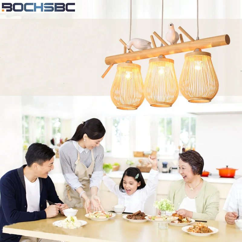 

BOCHSBC Wicker-knitted Lampshade Pendent Light New Chinese Simple Creative Bamboo-art Handing Lamp for Living Room Dining Room