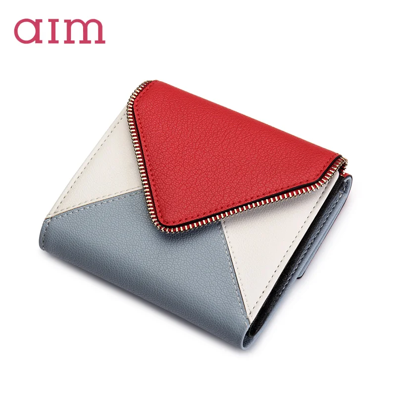 

AIM Luxury brand Genuine Leather cowhide women wallets Hasp Card package woman Vintage fashion woman small wallet cardholder red