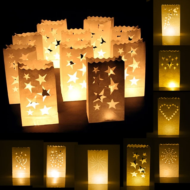 New Hot 10pcs Ling Stars Heart Sun Design Candle Bags New Hot 10pcs Ling Stars Heart Sun Design Candle Bags Lantern White For Christmas