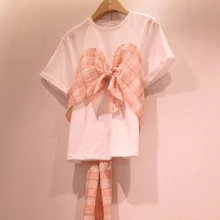 Корейские новые летние женские футболки с коротким рукавом универсальные Лоскутные Топы для студентов из хлопка с бантом