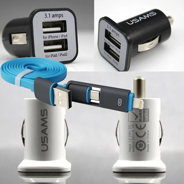 2-1 Data Cable+Micro Auto 3.1A Car-Charger For Sony Xperia Z3 compact Z5 Z4 Z2 Z1 Compact M4 Qqua &Other Phones USB Car Charger