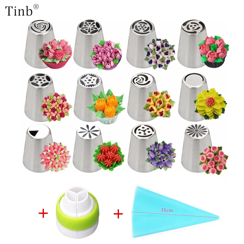 

14pc/Set Piping Nozzles Stainless Steel Flower Cream Pastry Tips One-piece cake decorating mouth Bag Cupcake Cake Decorate Tools