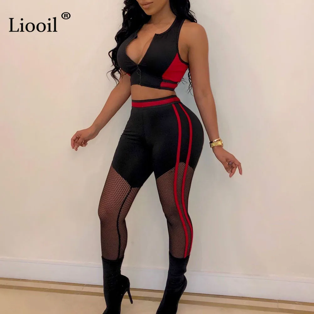 

Liooil Stripe 2 Piece Set Women 2019 See Through Mesh Sweat Suit Sexy High Waist Two Piece Outfits Tracksuits Club Matching Sets