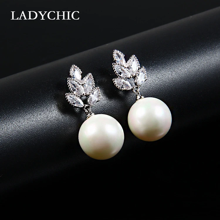 LADYCHIC модные элегантные жемчужные серьги Австрийский Кристалл, фианит Сияющие серьги-гвоздики циркония листья ювелирные изделия подарок LE1365