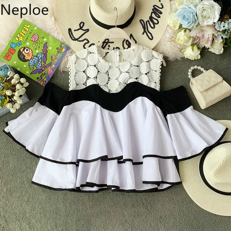 Neploe/симпатичное кружево со сборками, женские Топики, новинка, круглый вырез, рукав-клеш, Blusa 2019, летняя Корейская открытая женская блузка с