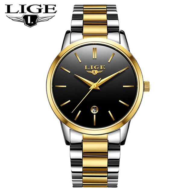 Reloj hombre наручные часы lige модные для мужчин нержавеющая сталь кварцевые часы лучший бренд водостойкие высокое качество relogio masculino 9879 - Цвет: gold black
