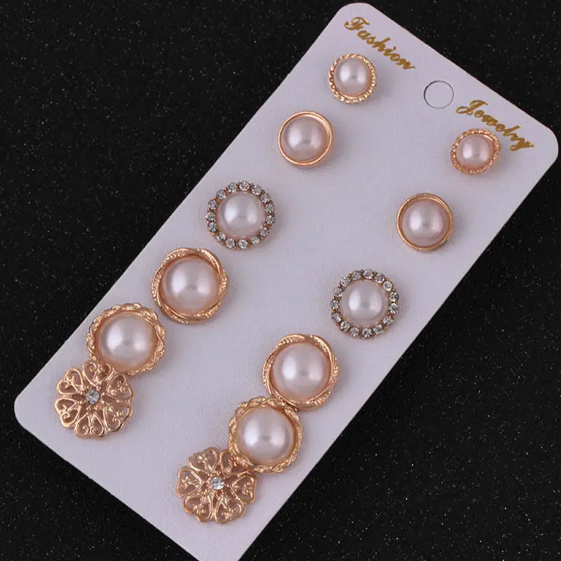 

EK726 6 Pairs/Set Gold Color Flower Hollow Stud Earring Vintage Crystal Simulated Pearl Earrings Set For Women Wedding Jewelry