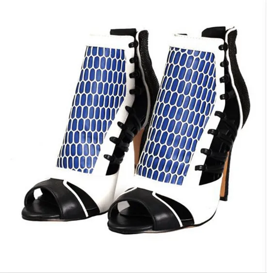 Sexy Open Toe Cut Outs Women Boots High Heels Gladiator Sandals Women Boots Mixed Color Ankle Boots Shoes Woman Botas Mujer
