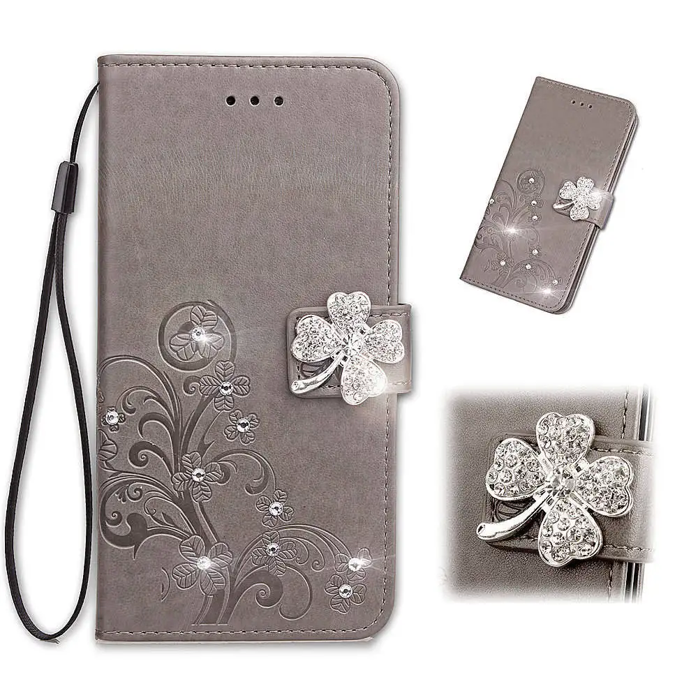 

For Huawei Y6 Case Flip Woman Luxury Leather Wallet Lucky Clover Pattern Glitter Flower Card Cover for Huawei Y6 2019 Smartphone