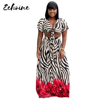 

Echoine Summer Floral Wave Stripes Print Tie Up V Neck Short Sleeve Crop Tops Long Maxi Skirts Night Club 2 Pieces Suits S-XXL