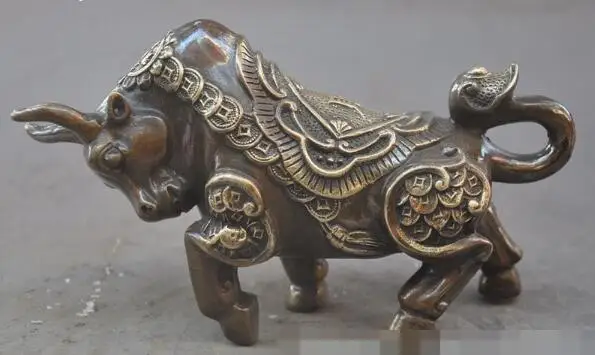 

S06141 7" chinese fengshui bronze wealth money coin Ox Bull Cattle Bovine lucky statue