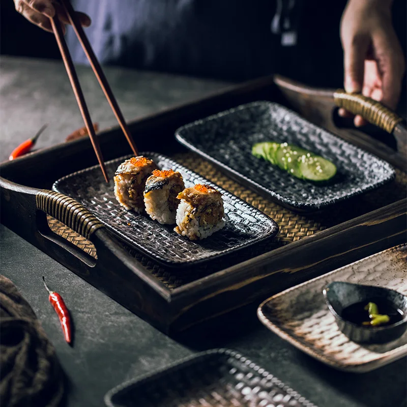 Японское стильное черное керамическое блюдо креативное Ретро прямоугольное суши блюдо кухонная посуда японский пищевой лоток
