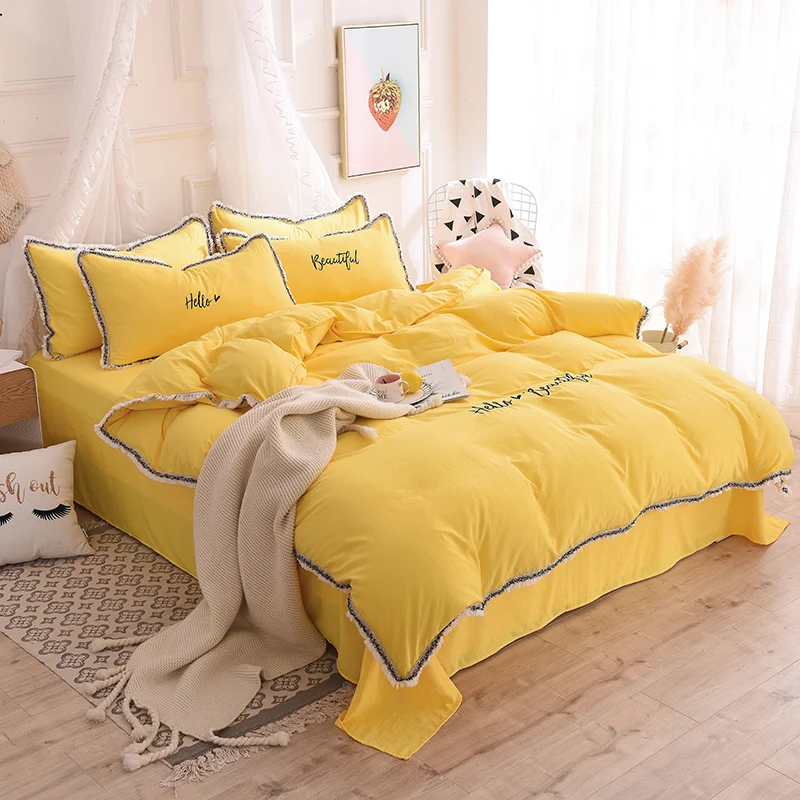 

Korean Style 3 4pcs Washed Cotton Bed Set Duvet Cover Bed Sheet Pillowcase Solid Yellow Pink Fruit Smile Face Stars