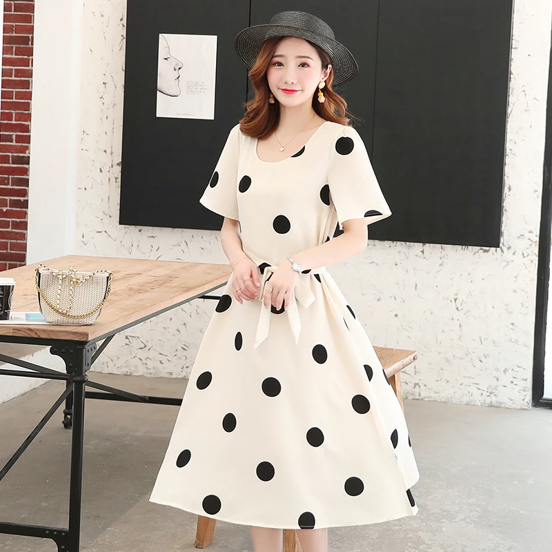 

Puff Short Sleeve Pregnant Women Summer New Chiffon Dress With Sashes Fashion Polka Dot Printed Maternity Empire Dress Wholesale
