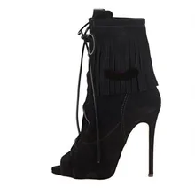 Hot Selling Black Brown Suede Fringe Ankle Boots High Heels Womens Peep Toe Lace-up Tight High Boots Tassel Ladies Dress Shoes Hot Selling Black Brown Suede Fringe Ankle Boots High Heels Womens Peep Toe Lace-up Tight High Boots Tassel Ladies Dress Shoes