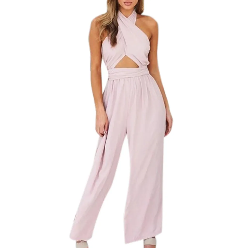 

Summer fashion cross hanging neck jumpsuit character open back wide leg jumpsuit Mono de cuello redondo de moda#JE-55