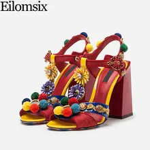 Eilomsix/Красные босоножки с кристаллами; женские Босоножки с открытым носком на массивном каблуке; женская обувь; Новинка года; Летняя женская обувь