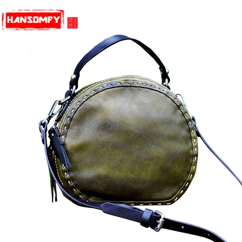 

Genuine leather handmade Women handbags hit color first layer leather female small Round casual Messenger Retro Shoulder Bags