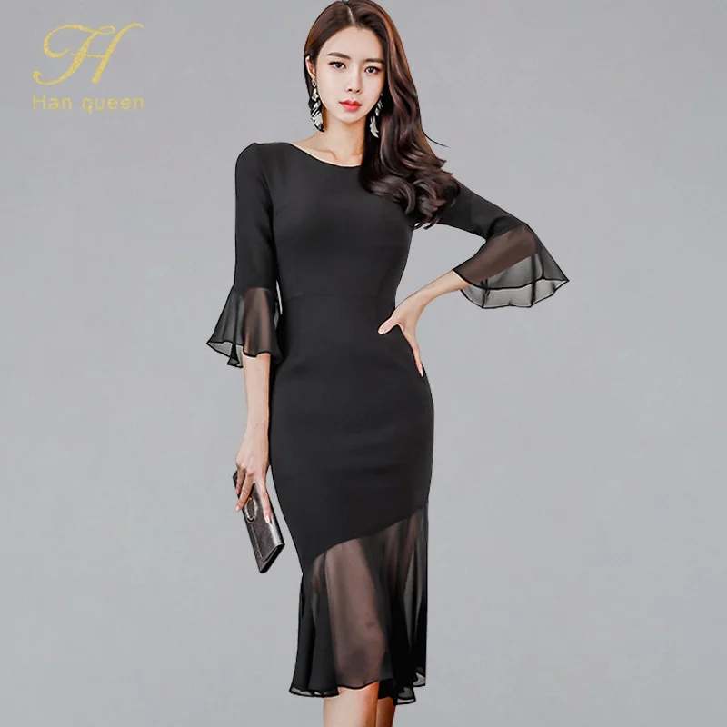 

H Han Queen Black Patchwork Mesh Bodycon Dress Women 2019 Spring See Through Flare Sleeve Dreses Elegant New OL Mermaid Vestidos