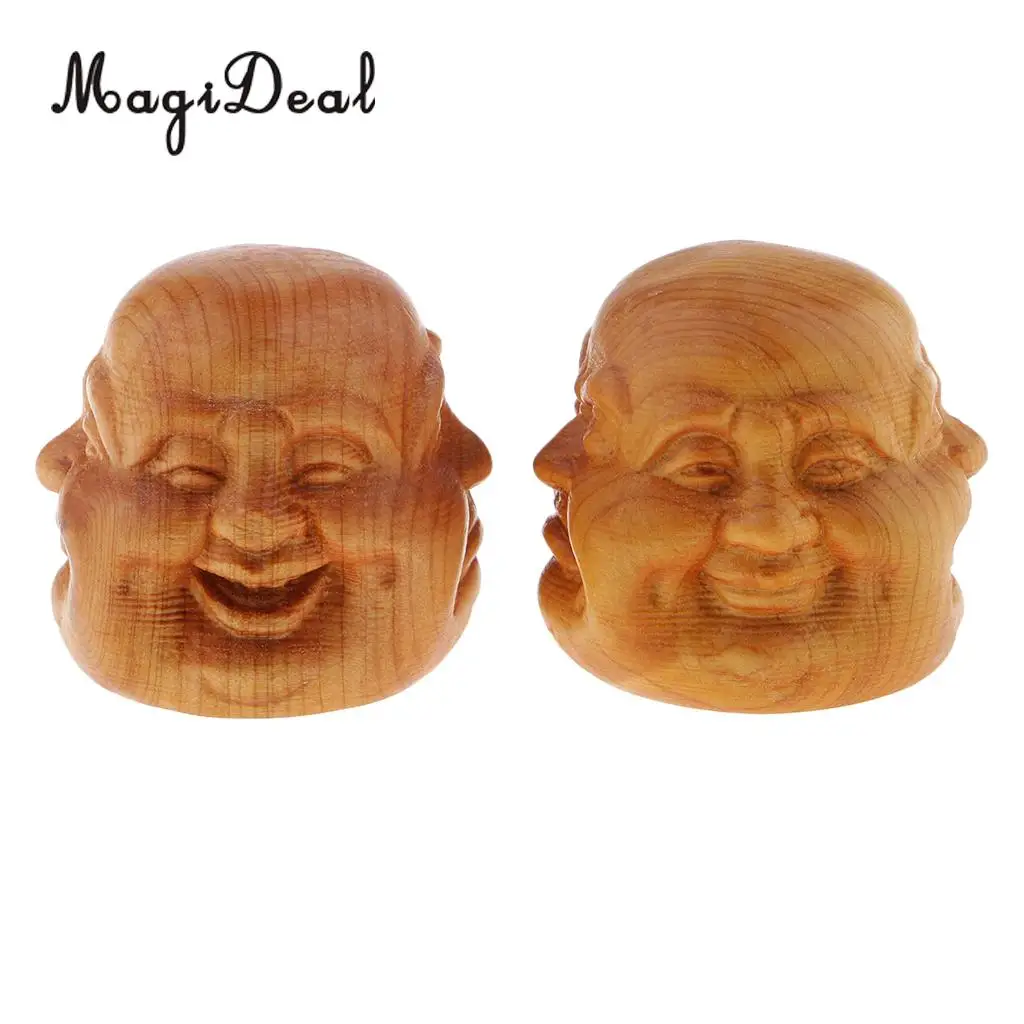 2pcs Buddha Head Statue Wooden Sculpture Figurine Mini Home Decor