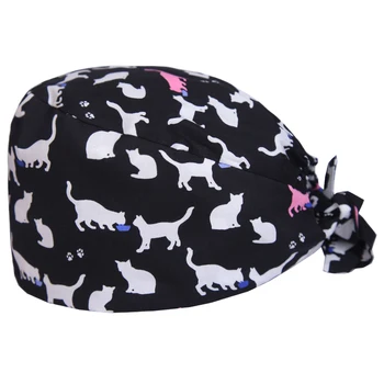 

White Cat Print Surgical Scrub Cap for Women and Men Hospital Medical Hats Doctor Nurse Dentist Work Hat One Size with Sweatband