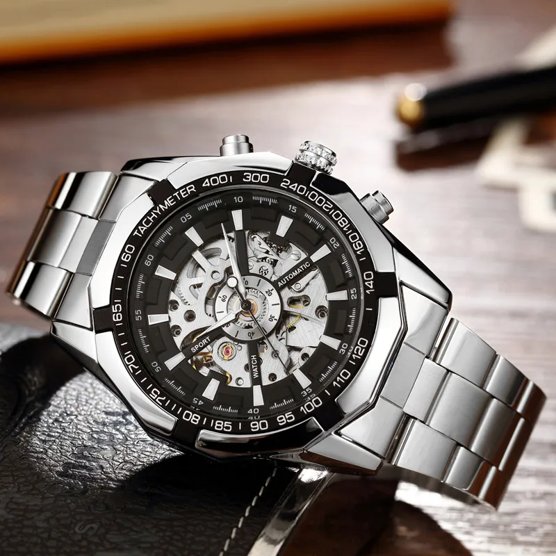 Лидер продаж роскошные световой автоматические механические скелет циферблат Нержавеющая сталь наручные часы Для мужчин Для женщин Best Рождественский подарок M106