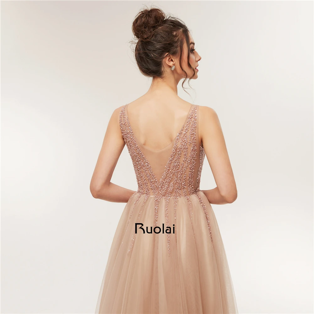 Сексуальное платье для Бала 2019 Low Neck A-Line бисерные вечерние платья длинное с разрезом роскошное выпусквечерние вечернее платье Robe de Soiree RE12