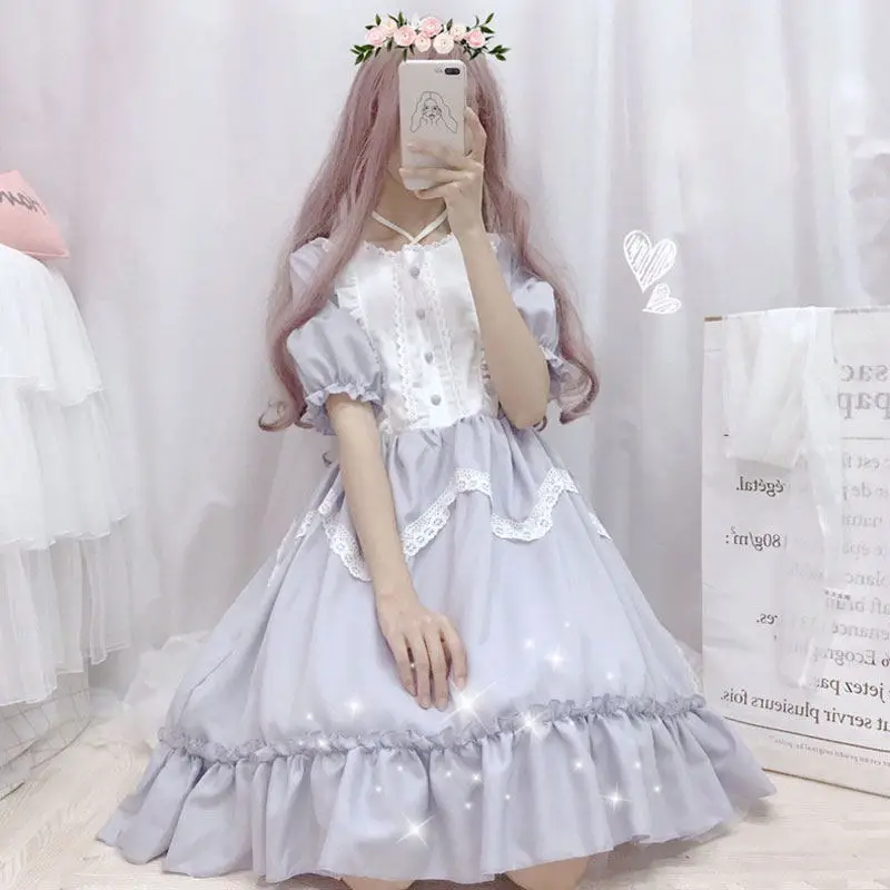 

Summer Japanese Lolita Vintage dress lolita dress female soft girl wind cute fungus lace dress short sleeve dress cute
