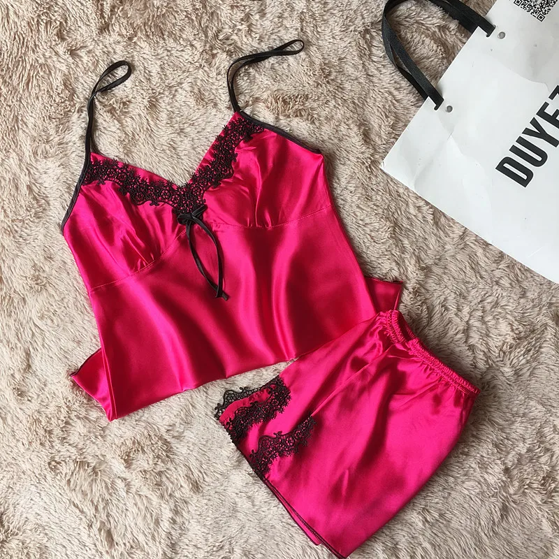 

sexy women's lace silk satin pajamas sets pijamas sets top and shorts 2pc new design short pants pyjamas sets V-neck suspenders